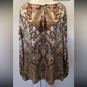 CHICOS Womens TOP Long Sleeve BROWN Tan PAISLEY Silky Size 2 (L/12)
